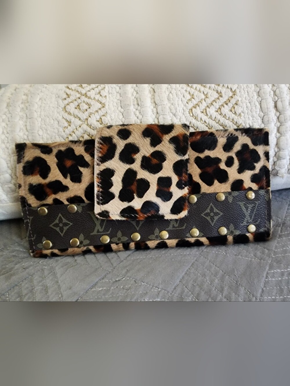 Leopard Print Studded Women's Clutch - Brown/Black